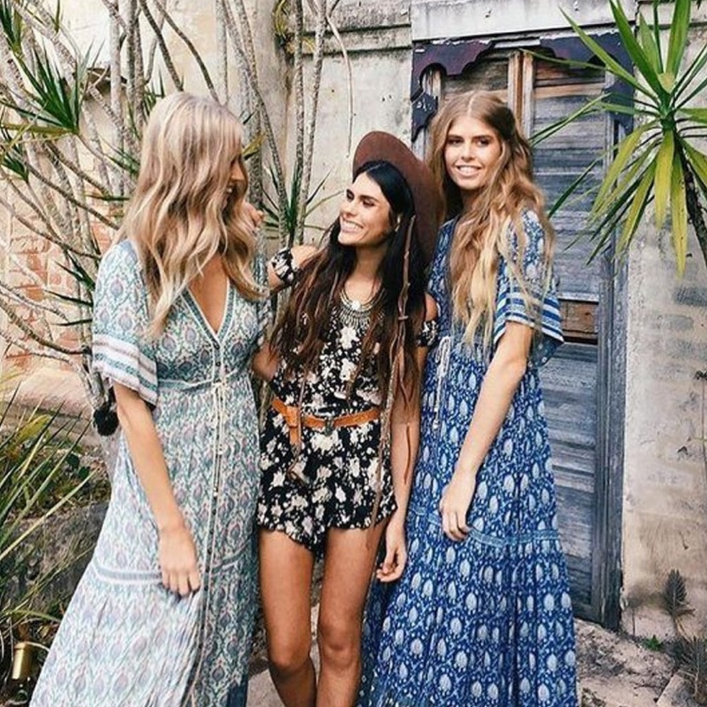 Bohemian Gypsy Print Kimono Maxi Dress Blue Cream - Picture 3 of 14